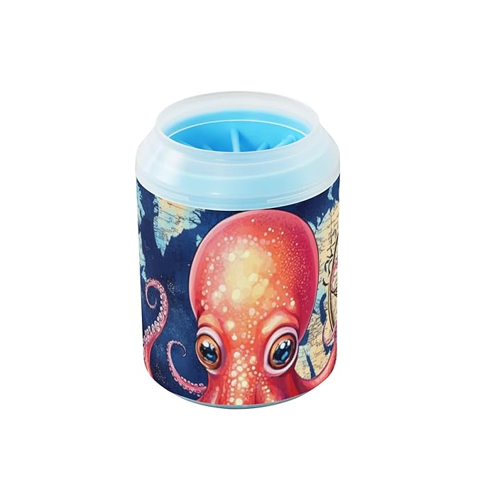 Dog Paw Cleaner Cups for Dogs Pet Foot Washer Paw Scrubber for Small Medium Large Dogs Cats Cleaning Cup Blue World Map and Octopus
