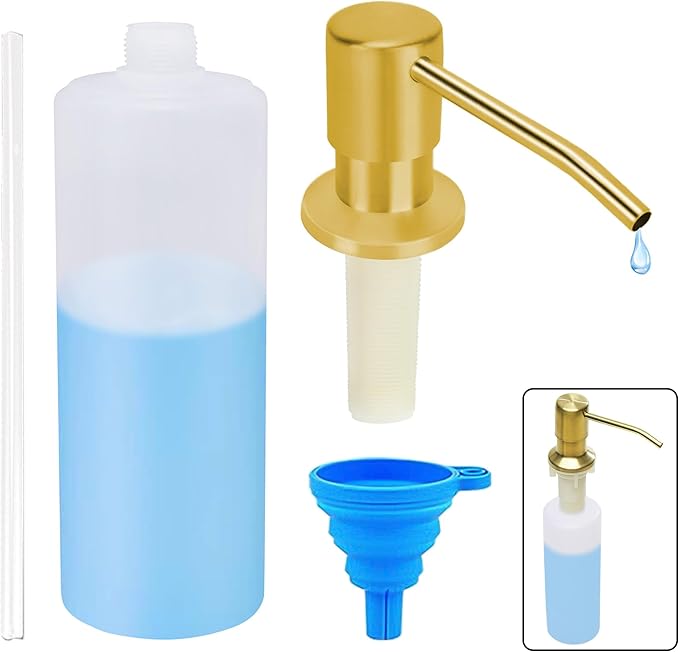 Soap Dispenser for Kitchen Sink (Gold),Built in Design Sink Soap Dispenser, Refill from The Top, Stainless Steel Kitchen Soap Pump with 10 fl.oz Bottle (300ml)