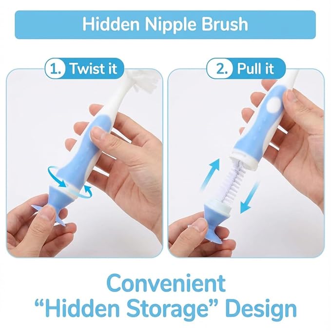 5-in-1 Baby Bottle Brush Set, Including Nylon and Silicone Bottle Brush, Bottle Cap, Straw and Nipple Cleaner, BPA-Free (Blue)
