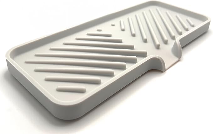 Happitasa Silicone Soap Dish Tray and Sponge Holder with Drain Chute and Feet | 3-Way Sloped Design | Bathroom and Kitchen Sink Organizer Caddy (Light Grey, 10"x4")