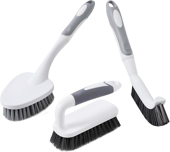 3 Pcs Scrub Brush,Multifunctional Cleaning Brush Set with Non-Slip Handle and Sturdy Bristles,Scrub Brushes for Cleaning Bathroom,Kitchen,Grout,Tile,Grey