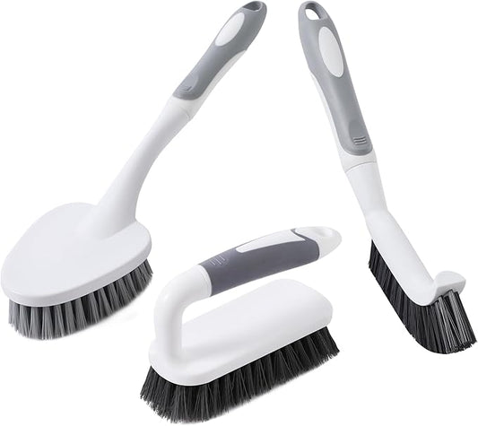 3 Pcs Scrub Brush,Multifunctional Cleaning Brush Set with Non-Slip Handle and Sturdy Bristles,Scrub Brushes for Cleaning Bathroom,Kitchen,Grout,Tile,Grey