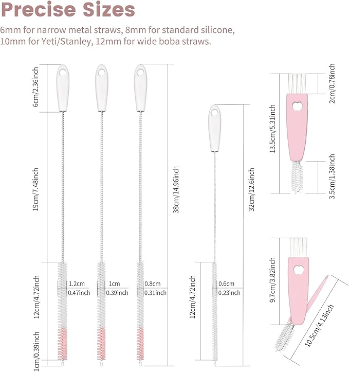 15 Inch Extra Long Straw Cleaner Brush Set, 5 Pcs Reusable Cleaning Brushes for Stanley 40 oz Tumbler, Owala, Yeti, Includes 4 Flexible Straw Brushes and 1 3-in-1 Cup Lid Gap Cleaning Tool(Pink)