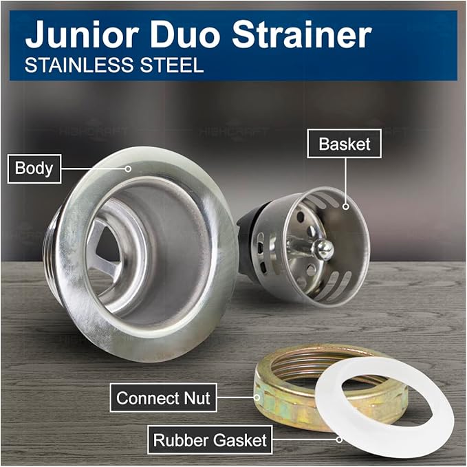 Highcraft 9773 Bar/Prep Sink 2 1/2 Junior Duo Stainless Steel Drain Assembly with Strainer Basket and Rubber Stopper
