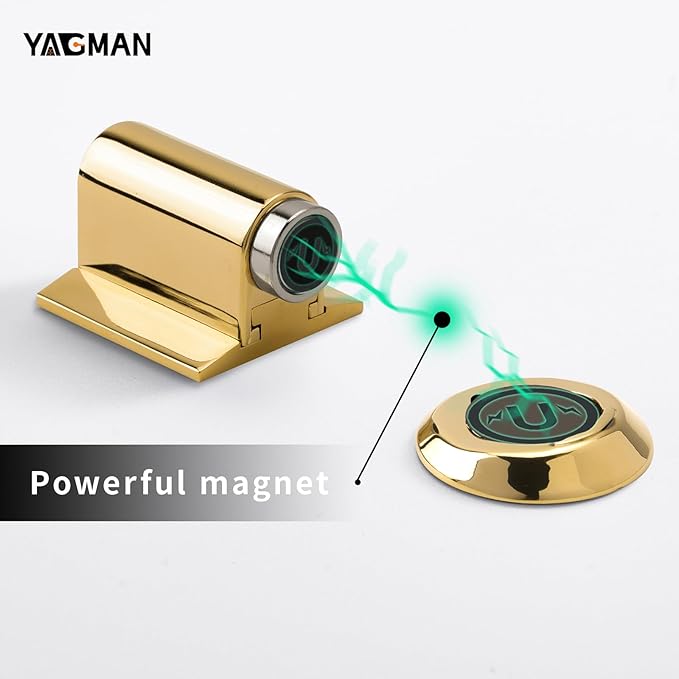 Magnetic Door Stopper, Magnet Floor Door Stop Retractable, Door Magnetic Catch, Door Holder to Keep Door Open, No Drilling Mount with Adhesive, Polished Gold 1 Pack PG-1
