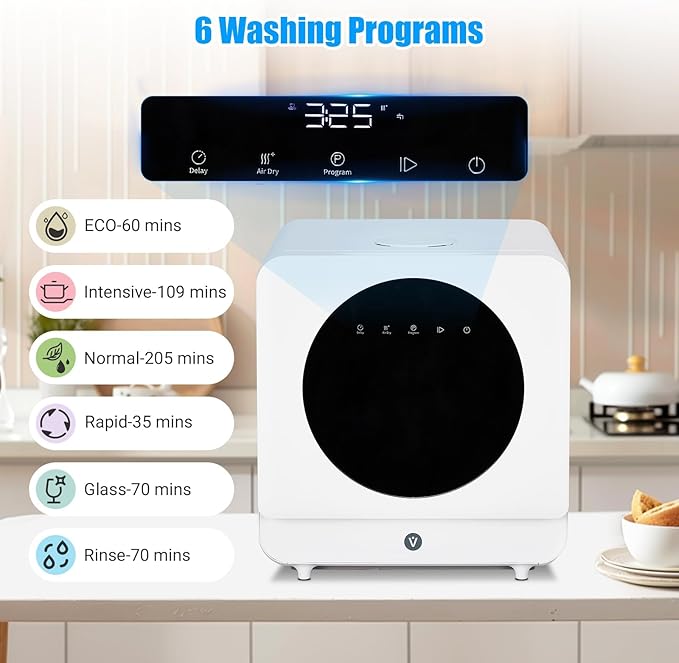 Portable Countertop Dishwasher with 5L Water Tank, Large Display, 2-in-1 Function, 6 Wash Programs, Mini Dishwasher for Apartments, RVs, Dorms, White