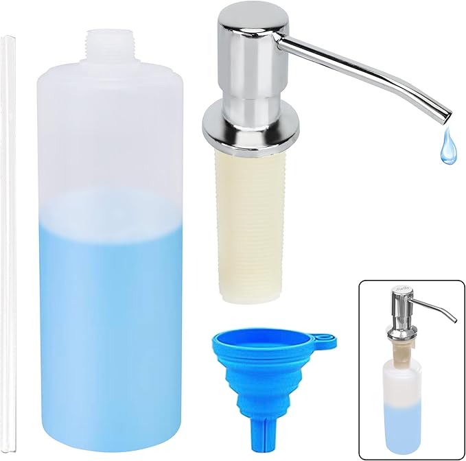 Soap Dispenser for Kitchen Sink (Chrome),Built in Design Sink Soap Dispenser, Refill from The Top, Stainless Steel Kitchen Soap Pump with 10 fl.oz Bottle (300ml)
