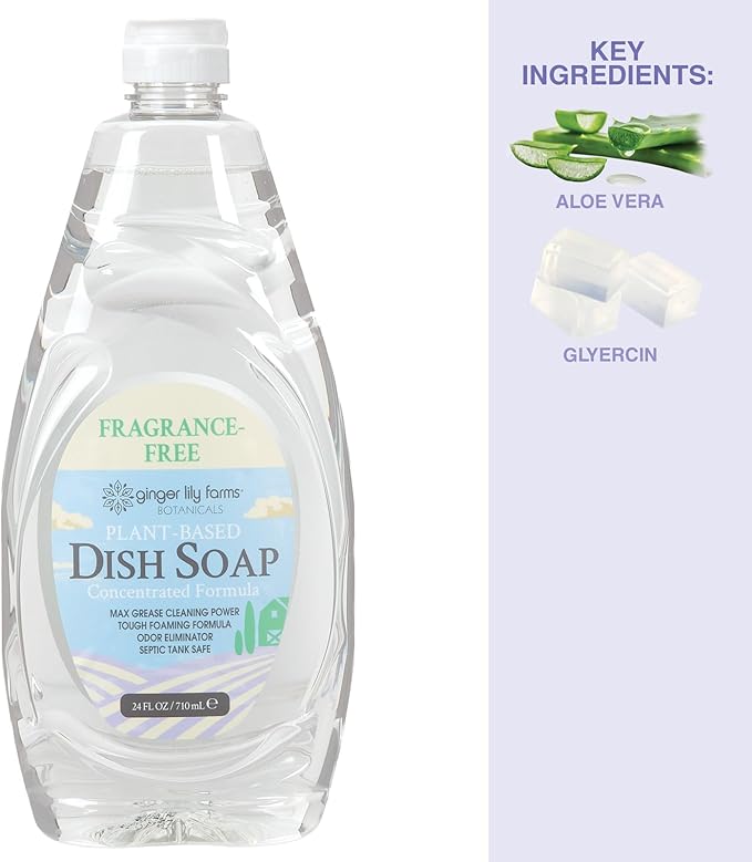 Ginger Lily Farms Botanicals Plant-Based Liquid Dish Soap, Concentrated Formula with Max Grease Cleaning Power, Cruelty-Free, Fragrance-Free, 24 Fl Oz (Pack of 8)