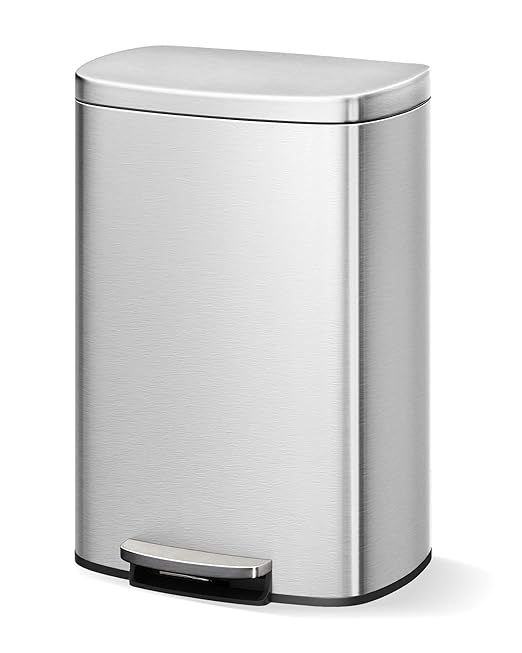 Garvee 13 gal / 50 L Stainless Steel Kitchen Trash Can with Lid, Large Rustproof Garbage Can for Kitchen, Step-on Metal Trash Bin with Inner Bucket, Rear Handle, Soft Close Lid, Silver