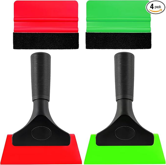 4 PCS Window Tint Kit Tools, Professional Vinyl Wrap Kit with Plastic Squeegee & Felt Squeegee, Universal Privacy Film Installation Tint Tools for Vehicle Glass Home (Red+Green)