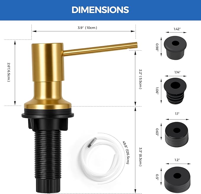 Brushed Gold Soap Dispenser for Kitchen Sink, Built in Soap Dispensers, Stainless Steel Sink Soap Dispenser or Lotion Dispenser Pump with 47" Extension Tube Kit, Upgraded Metal Check Valve