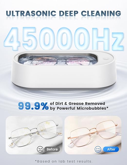 Ultrasonic Jewelry Cleaner, Professional 45KHz Ultrasonic Cleaner Machine for Jewelry, Rings, Glasses, Retainers, Watch Strap, Dentures, Mouthguard, Razors, 14.88 oz 304 Stainless Steel (White)