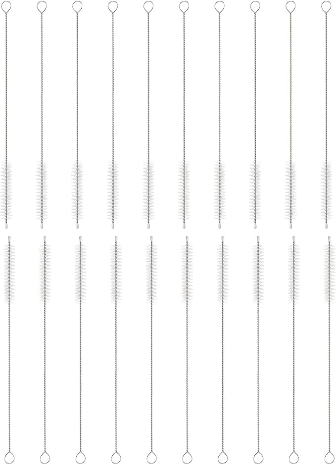 HARFINGTON Straw Cleaner Brush Set, 8 Inch Length 304 Stainless Steel and Nylon Bristles for Water Bottle Silicone Straw Sippy Cup Pipes, White (10mm OD, 20-Piece-Set)