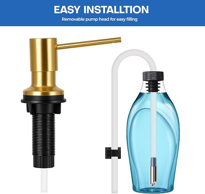 Brushed Gold Soap Dispenser for Kitchen Sink, Built in Soap Dispensers, Stainless Steel Sink Soap Dispenser or Lotion Dispenser Pump with 47" Extension Tube Kit, Upgraded Metal Check Valve