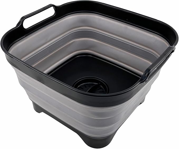 SAMMART 10L (2.64 Gallon) Collapsible Dishpan with Draining Plug - Foldable Washing Basin - Portable Dish Washing Tub - Space Saving Kitchen Storage Tray (Black/Alloy Grey)