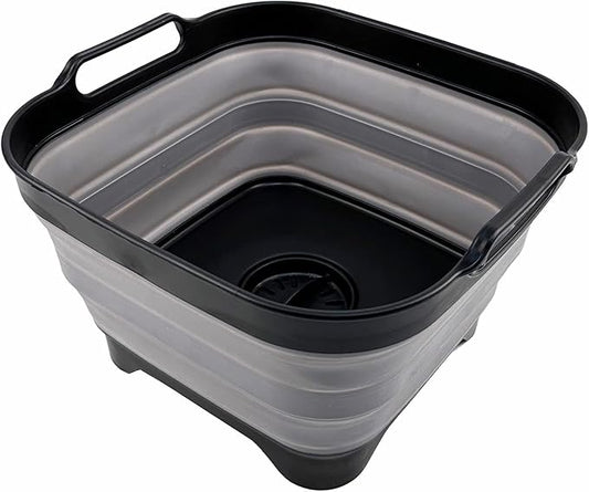 SAMMART 10L (2.64 Gallon) Collapsible Dishpan with Draining Plug - Foldable Washing Basin - Portable Dish Washing Tub - Space Saving Kitchen Storage Tray (Black/Alloy Grey)