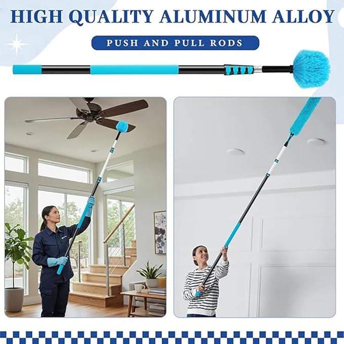 12FT Light Bulb Changer for High Ceilings with 3-12FT Extension Pole, Fan Duster for Ceiling Fan Blades, Microfiber Feather Duster, Rotatable Window Squeegee and Cobweb Duster, High Reach Duster Kit
