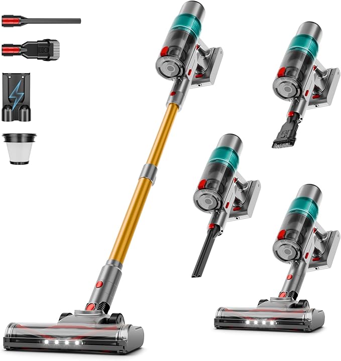 Cordless Vacuum Cleaner: 40KPA Powerful Suction Cordless Stick Vacuum Cleaners for Home, Anti-Tangle Brush, Lightweight, 6-in-1 Rechargeable Vacuum for Pet Hair/Carpet/Hard Floor(Green)