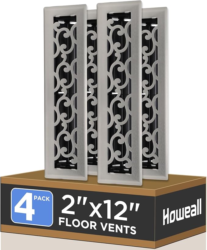 2x12 Inches 4 Pack Heavy Duty Walkable Floor Register - Easy Adjust Air Supply Lever Decorative Floor Vent Covers, Savannah Design Vent Covers for Home - Satin Nickel