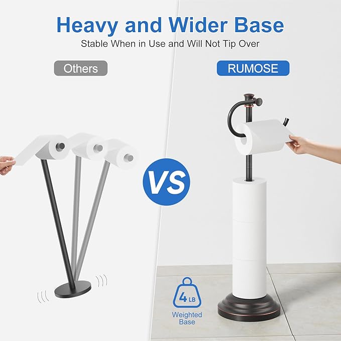 RUMOSE Toilet Paper Holder Stand for Floor, Oil Rubbed Bronze Bathroom Free Standing Toilet Tissue Roll Holder with Storage, Adjustable 17-25 Inch, SUS304 Stainless Steel