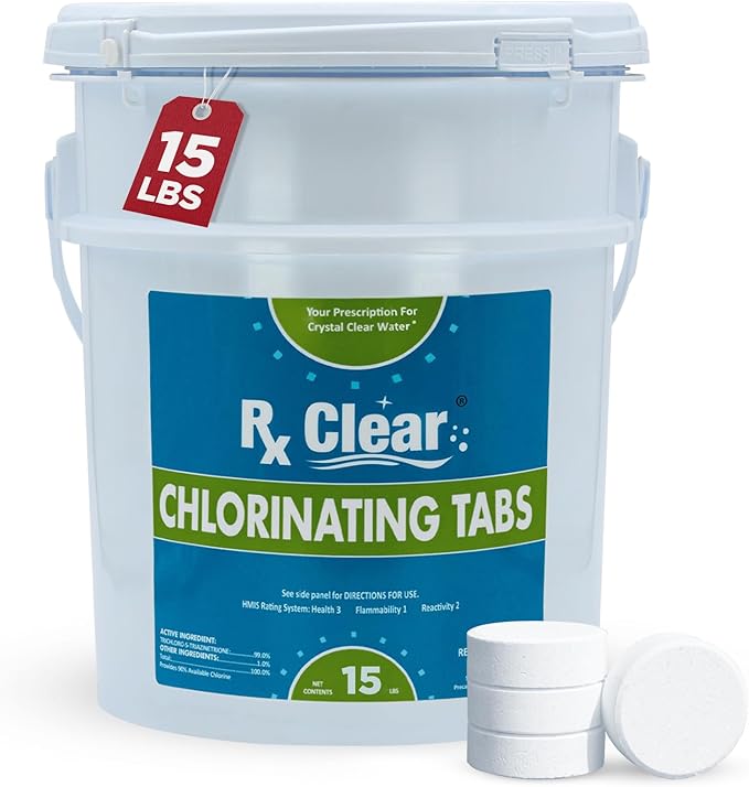 Rx Clear 3" Inch Chlorine Tabs | 15 Pounds | Individual Stabilized Chlorinating Tablets for Sanitizing Swimming Pools | Long Lasting, Slow Dissolving, and UV Protected