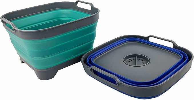SAMMART 10L (2.64 Gallon) Collapsible Dishpan with Draining Plug - Foldable Washing Basin - Portable Dish Washing Tub - Space Saving Kitchen Storage Tray (Purplish Blue+Turquoise Blue (Set of 2))