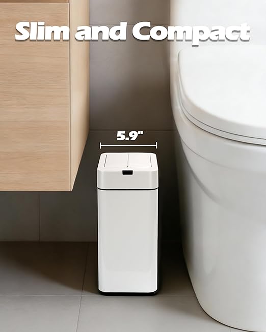 ELPHECO Bathroom Trash Can with Lid 2.6 Gallon Smart Trash Can Slim Motion Sensor Garbage Can Automatic Stainless Steel Wastebasket Bathroom Decor for Bedroom Office Toilet White