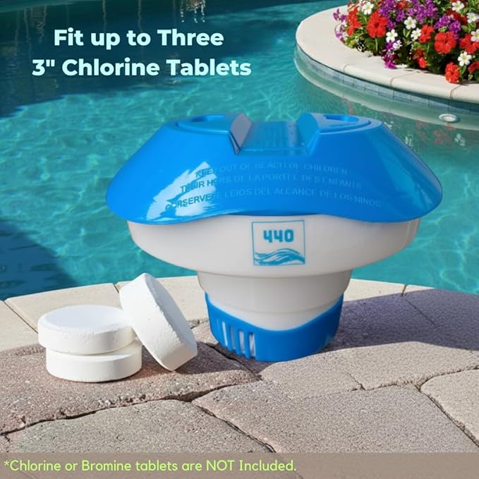 440 Pool Chlorine Floater Dispenser, Fits Up to 3 Pieces of 3-Inch Chlorine Tabs, Adjustable Flow, Control, Heavy-Duty Plastic - Suitable for Small & Medium Pools (See Images - 2K Gal to 15K Gal)