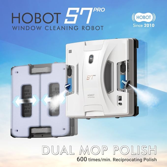 HOBOT S7 Pro Window Cleaning Robot | Dual Mop Polish Hand Wiping Technology, 15nm Ultrasonic Spray, 4800Pa Suction | Automatic Window Washer Robot for Framed/Frameless Glass, Indoor & Outdoor Use