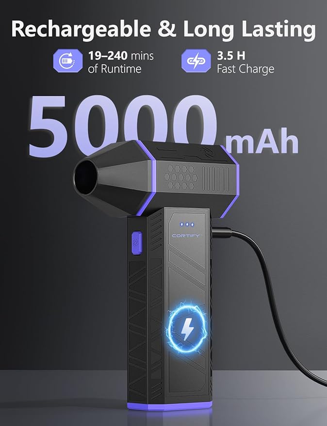 Electric Compressed Air Duster - Cortify 130,000 RPM High-Power Air Blower, Mini Snow Blower Rechargeable 3-Speed Handheld Dust Blower for PC, Keyboard, Electronics, Car and Leaves Cleaning