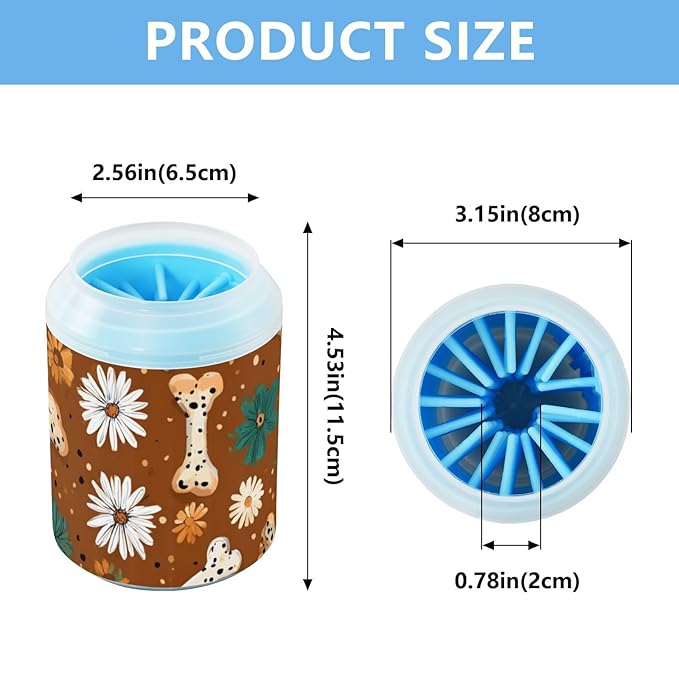 Dog Paw Cleaner Cups for Dogs Pet Foot Washer Paw Scrubber for Medium Small Dogs Cats Cleaning Cup Brown Daisy Dog Bones and Dragonflies