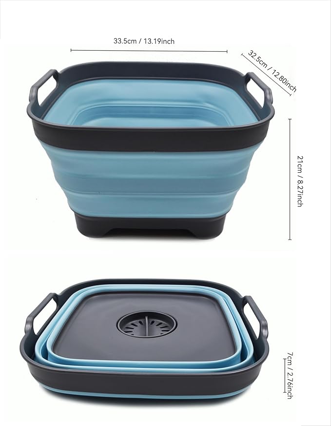 SAMMART 10L (2.64 Gallon) Collapsible Dishpan with Draining Plug - Foldable Washing Basin - Portable Dish Washing Tub - Space Saving Kitchen Storage Tray (1, Grey/Sea Angel)