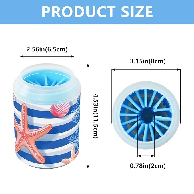 Dog Paw Cleaner Cups for Dogs Pets Foot Washer Paw Scrubber for Medium Small Dogs Cats Cleaning Cup Blue Stripes Starfish Seashells Corals