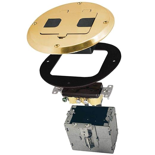 RACO 6239BP Floor Kit with Recessed Duplex 15A TR Device and Adjustable Steel Box, 1-Gang, Brass