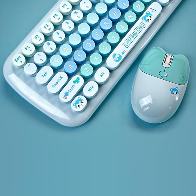 MOFII-TzBBL Mini Wireless Keyboard Mouse Set Round Keycap Multi-Colour Cute Lovely for Girls 84 Key (Multicolor Blue)