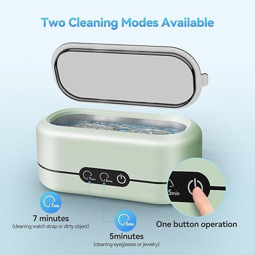 Ultrasonic Jewelry Cleaner 48KHz Ultrasonic Cleaner Machine for Jewelry, Glasses, Retainers, Rings, Dentures, Watch Strap 12oz 304 Stainless Steel- Green