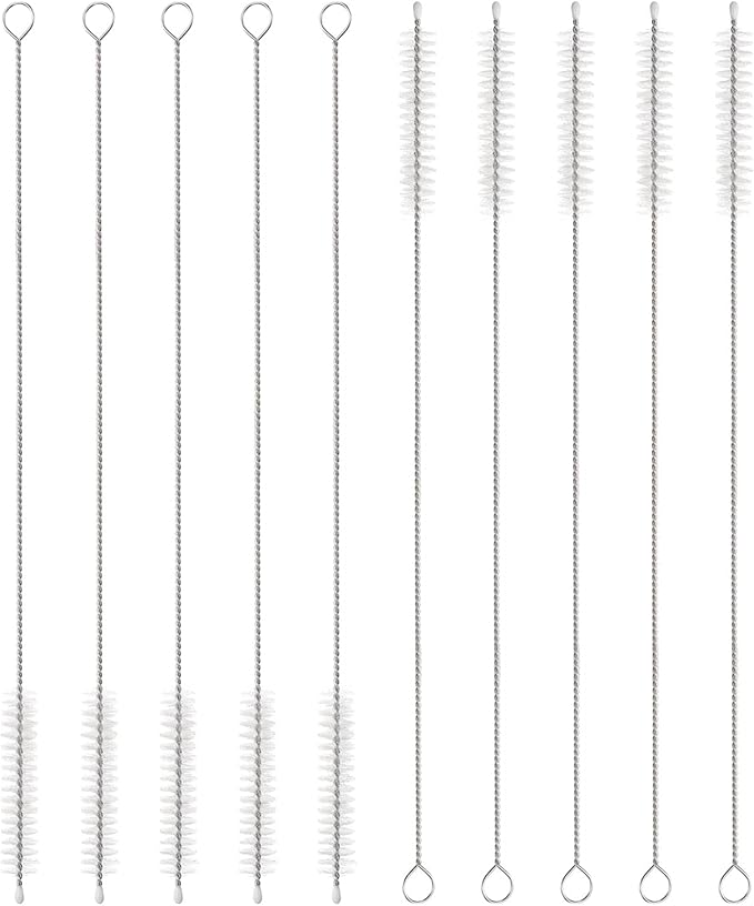 HARFINGTON Straw Cleaner Brush Set, 10 Inch Length 304 Stainless Steel and Nylon Bristles for Water Bottle Silicone Straw Sippy Cup Pipes, White (10mm OD, 10-Piece-Set)