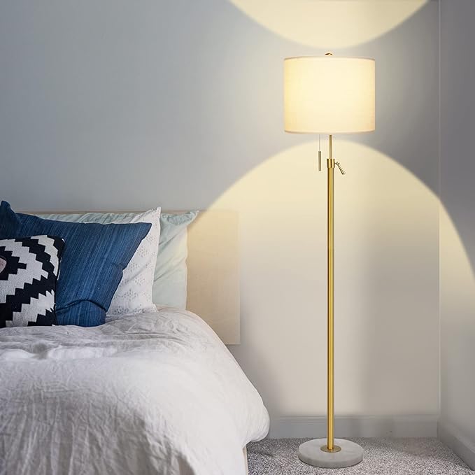 【Upgrade】Gold Floor Lamps for Living Room, 55"-67" Height Adjustable Modern Standing Lamp with Marble Base, Pull Chain Switch, 3-Way Dimmable Tall Pole Lamp for Bedroom Office Reading, Bulb Included