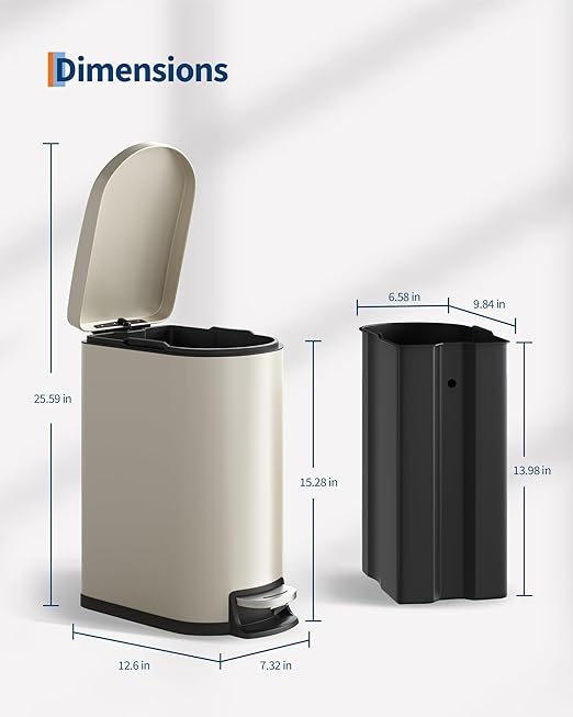 Garvee 2.6 gal / 10 L Metal Bathroom Trash Can with Lid, Slim Waterproof Garbage Can for Bedroom, Small Step-on Trash Bin with Inner Bucket, Rear Handle, Soft Close Lid, Sand Beige