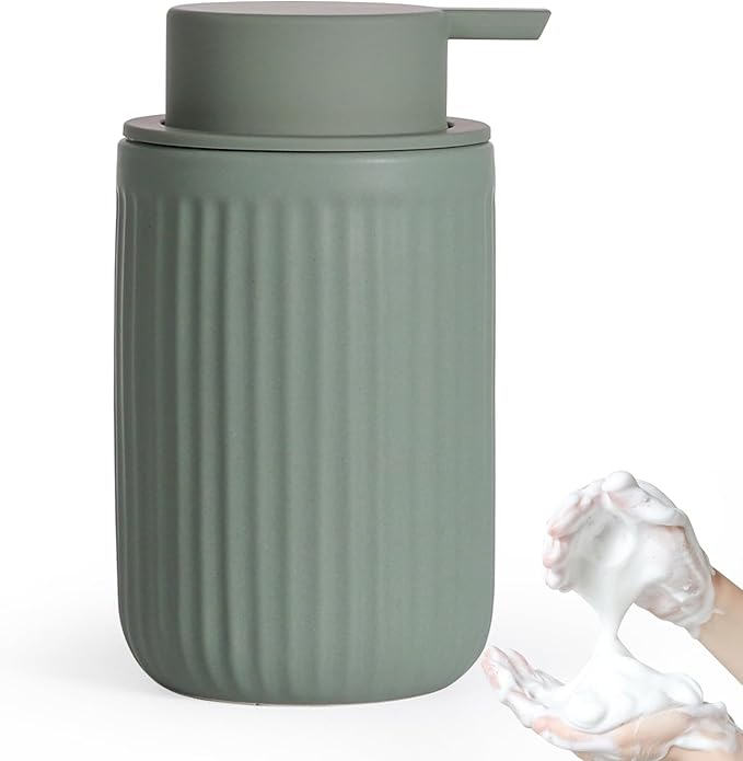 INGOFIN Foaming Soap Dispenser - 12oz Ceramic Foam Hand Soap Dispenser Bathroom, Modern Refillable Dish Dispenser with Pump for Kitchen, Matte Green