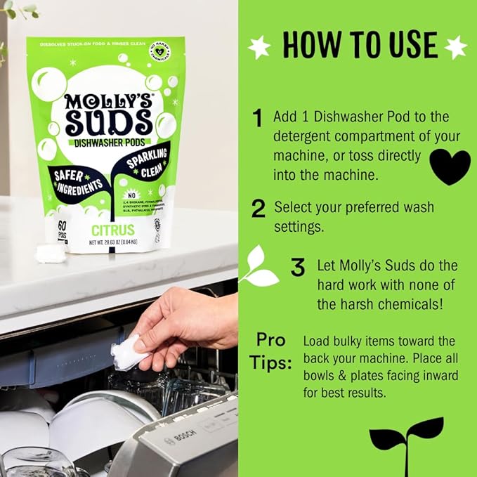 Molly's Suds Dishwasher Pods | Clean Dishwasher Detergent, Cuts Grease & Rinses Clean (Residue-Free) for Sparkling Dishes | 120 Auto-Release Tabs (Citrus)