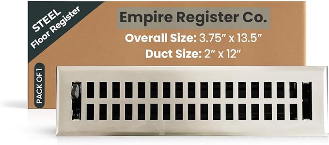 Empire Register Co, Vent Cover - 2x12 inch, Modern Contemporary Design, Brushed Nickel Finish, Heavy Duty Floor Vent Covers, Metal Damper Attached Vent Covers for Home Floor only