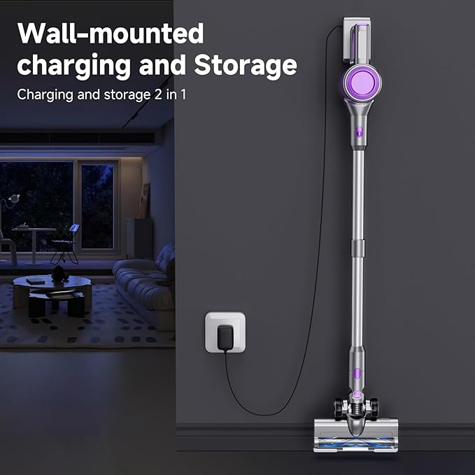 Cordless Vacuum Cleaner, 38Kpa Vacuum Cleaners for Home, 60Mins Lightweight Stick Vacuum with LED Display, Anti-Tangle & Wall Mount , 8 in 1 Lightweight Vacuum for Hard Floors Carpet Pet Hair,Purple