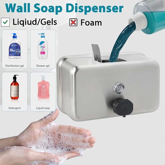 Commercial Soap Dispenser Wall Mount – Antirust Stainless Steel Soap Dispenser Liquid 38.8oz Large Capacity (Horizontal), Anti-Leak SUS304 Brushed Metal for Bathroom & High-Traffic Areas