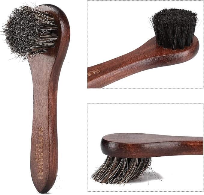 Horsehair Shoe Polish Applicator Brush, Soft Horse Hair Bristles Dauber Leather Care Brush for Shoes, Boots, Bags - 2 Pack Grey Bristle + 2 Pack Black Bristle Brush Included
