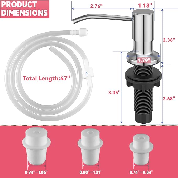 Sink Soap Dispenser, OHiHi Kitchen Sink Soap Dispenser with 47" Extension Tube, Wide Pump Head Base, No Water Leaking, No Need to Fill The Little Bottle Again, Chrome