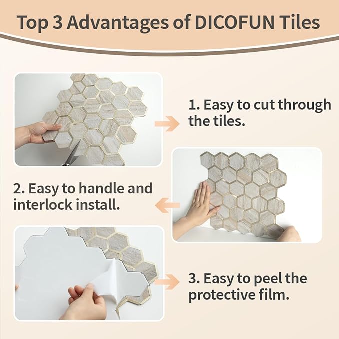 DICOFUN 1 Sheet Hexagon Peel and Stick Backsplash Tile, Beige Slate Mixed Gold Kitchen Backsplash Peel and Stick Wall Tiles