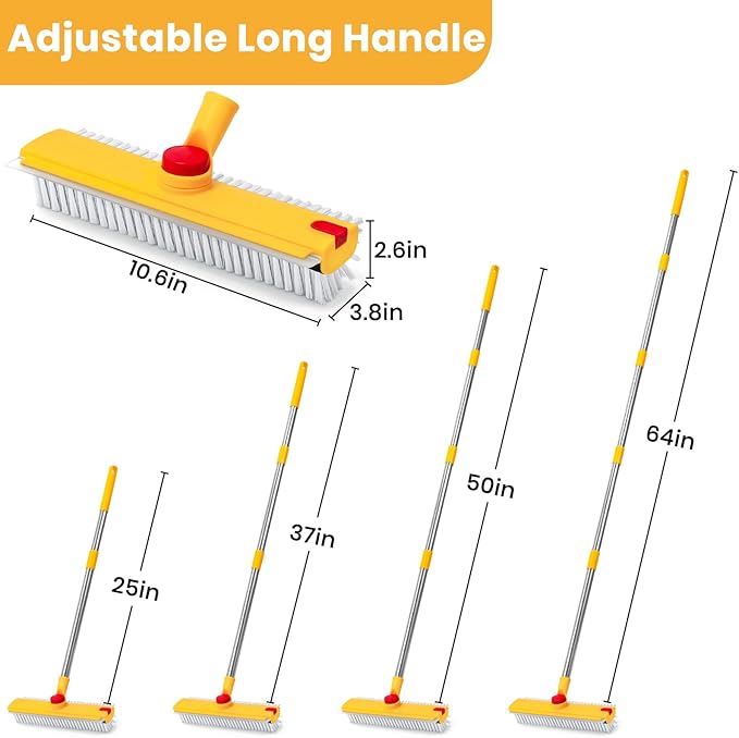 64in Floor Scrub Brush with Long Handle,3 in 1 Hard Bristle Cleaning Brush with Scraper and Tweezers for Household Cleaning, Bathroom, Swimming Pool, Garage, Windows, Walls, and Terrace Decks