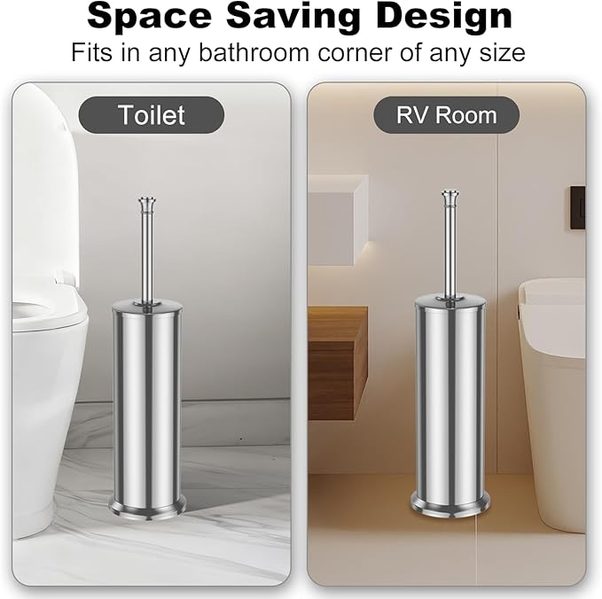 Silver Toilet Brush and Holder，Long Handled Gold Toilet Brush for Bathroom，Stainless Steel Heavy Duty Toilet Bowl Brush,Removable Inner Bowl,Deep Cleaning Dense Bristles Cleaner Brush -Space Saving