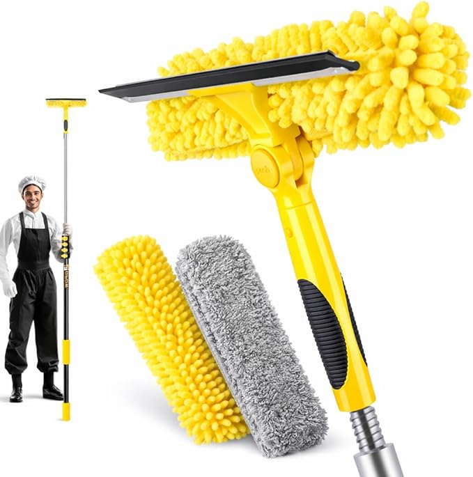284'' Window Squeegee with Telescoping Extension Pole, 2 in 1 Shower Cleaning with Telescopic Pole, Extension Washing Tool with Rotating Head for Indoor/Outdoor High Window Glass